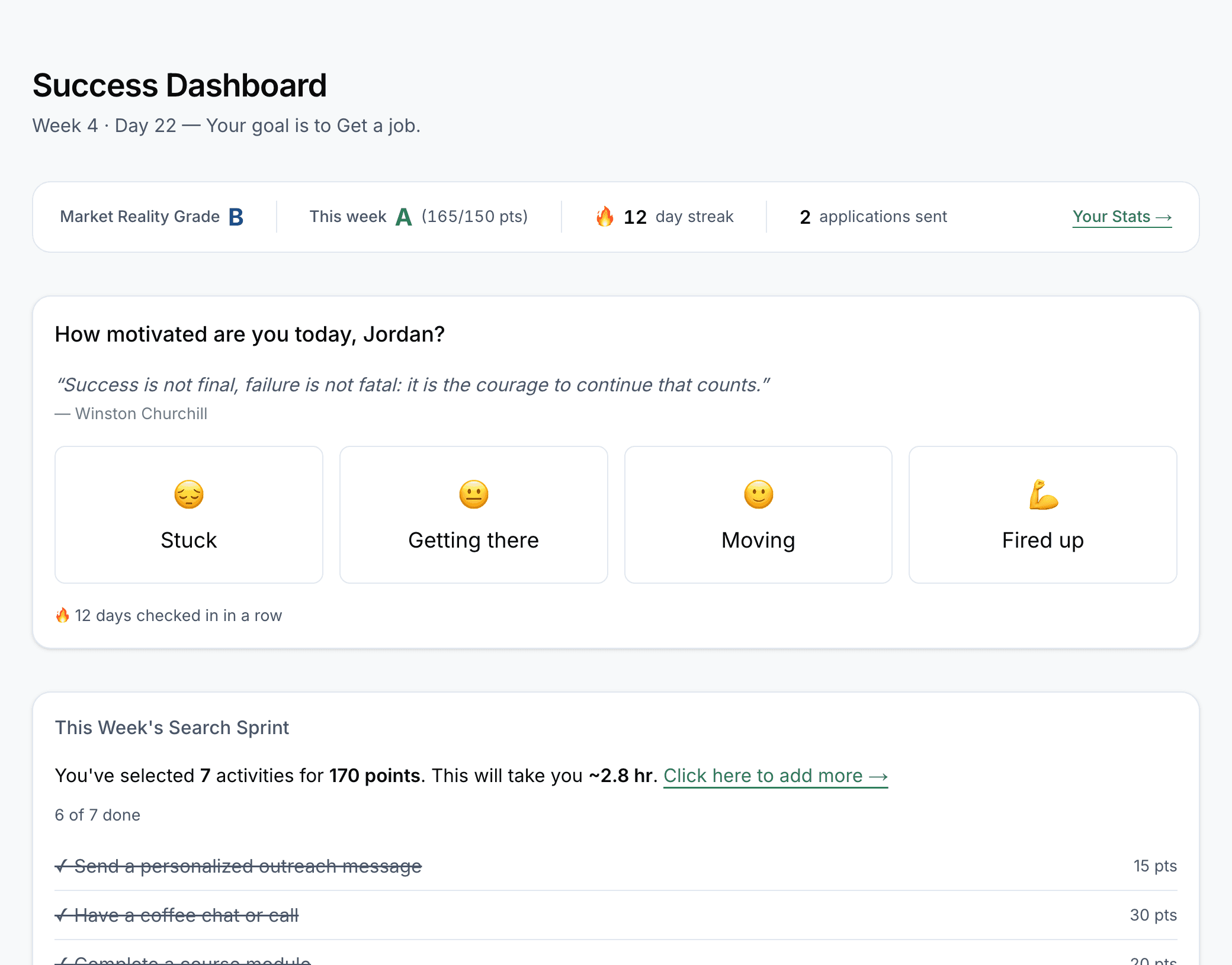 NextChapter Success Dashboard showing a Current Market Reality of B, an A Weekly Search Score, a 12-day streak, and completed Search Actions with their point values